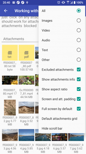 show attachments in default grid mode with action menu open