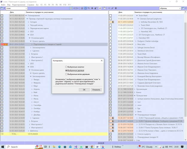 снимок экрана копирования заметок между 2мя панелями Windows десктоп приложения