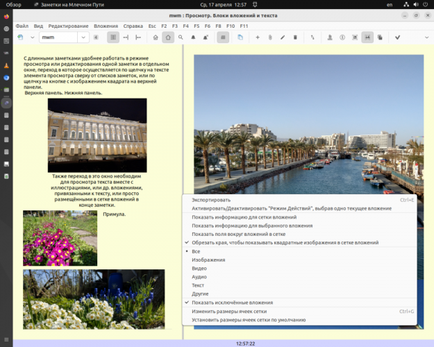 Двухпанельный просмотр изображений из одной заметки для Linux десктоп приложения